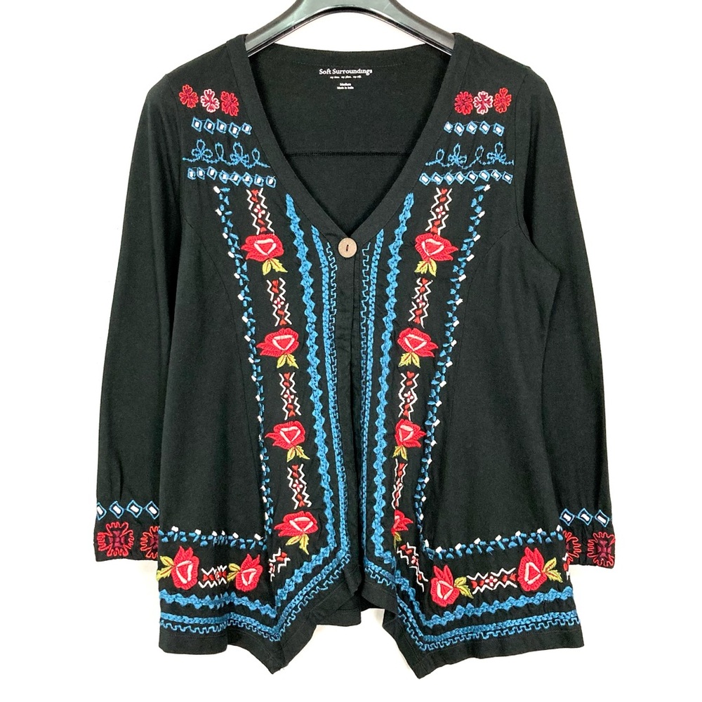 Soft Surroundings Embroidered Cardigan Women’s Size M Single Button Cross Stitch